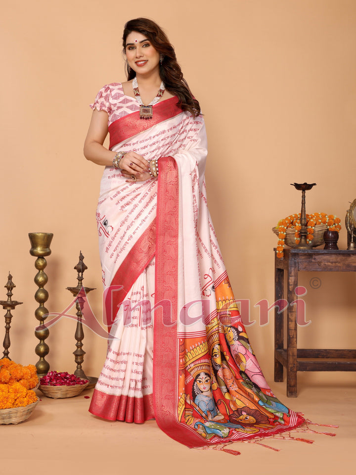 Off-White & Red Tussar Silk Saree with Kalighat-Style Devi Back Design & Sanskrit Mantra Pallu | Zari Border | Festive Tassels