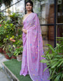 Lavender Purple Mul Cotton Saree with Multicolour Floral Motifs & Contrast Tassel Pallu