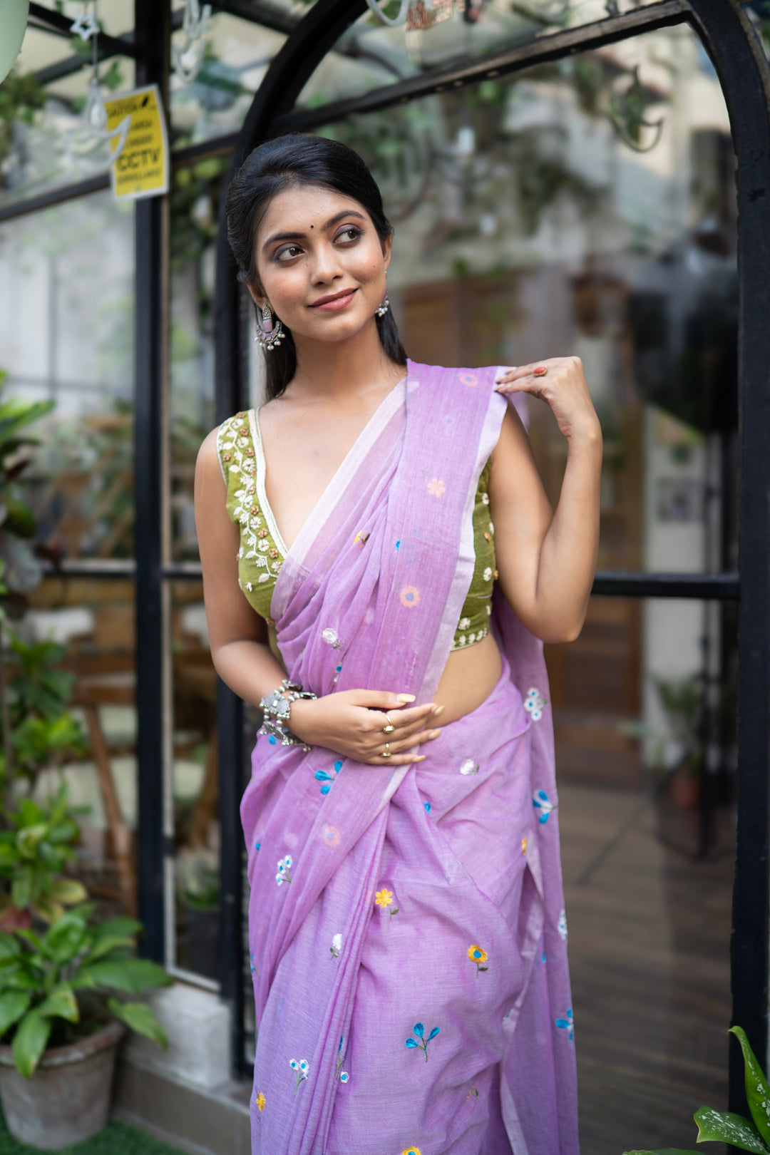 Lavender Purple Mul Cotton Saree with Multicolour Floral Motifs & Contrast Tassel Pallu