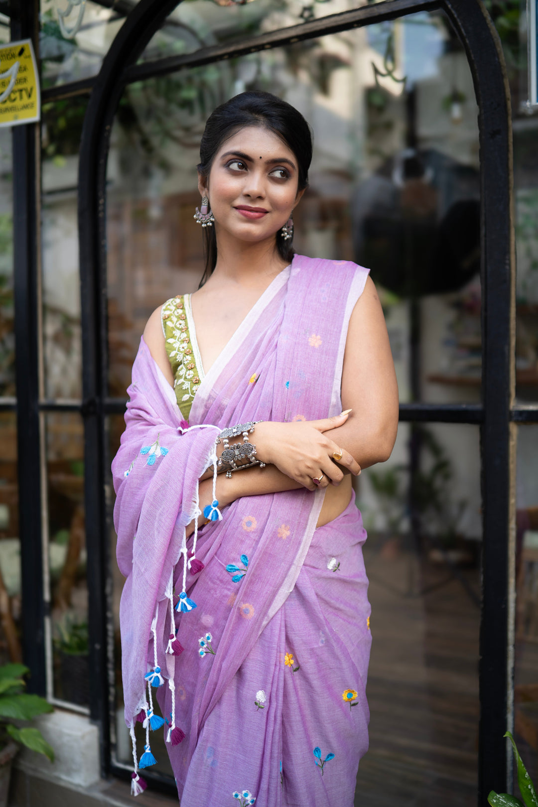 Lavender Purple Mul Cotton Saree with Multicolour Floral Motifs & Contrast Tassel Pallu