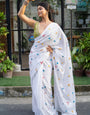 Pure White Mul Cotton Saree with Multicolour Floral Motifs & Tassel Pallu