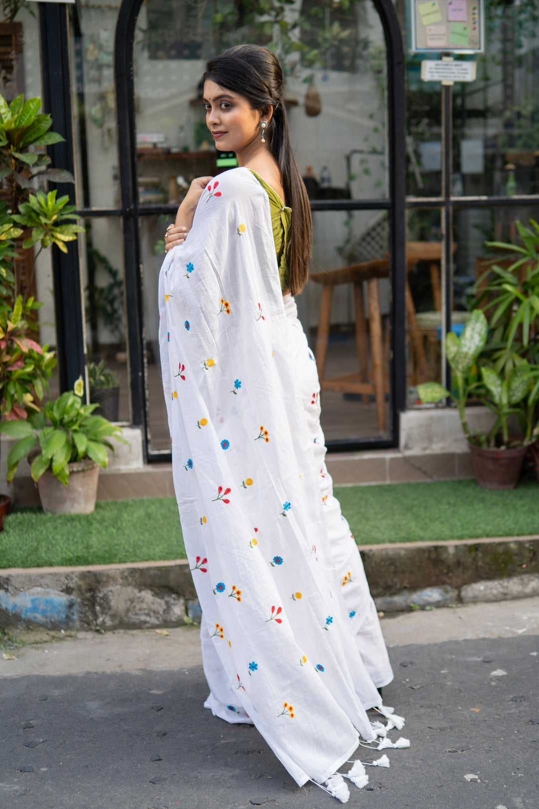 Pure White Mul Cotton Saree with Multicolour Floral Motifs & Tassel Pallu