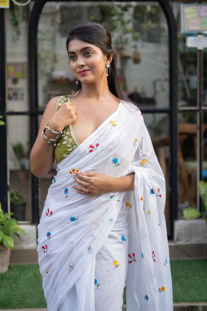 Pure White Mul Cotton Saree with Multicolour Floral Motifs & Tassel Pallu