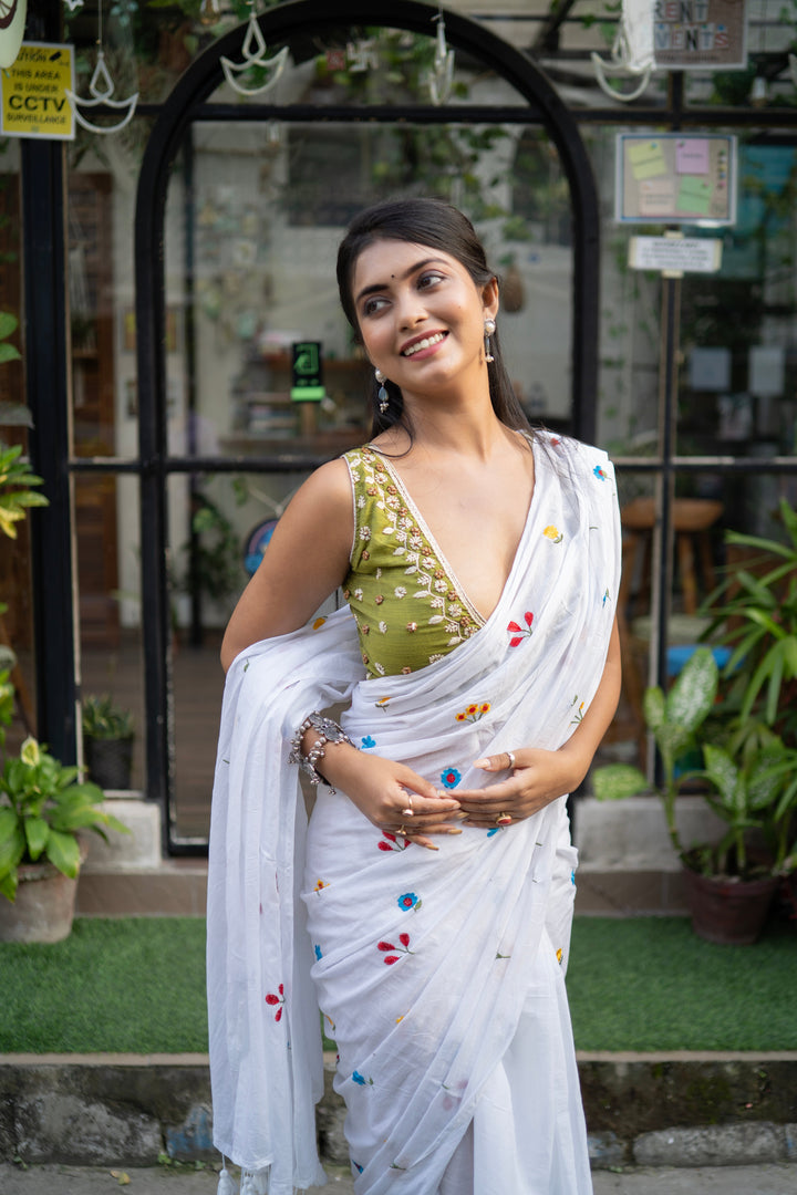 Pure White Mul Cotton Saree with Multicolour Floral Motifs & Tassel Pallu