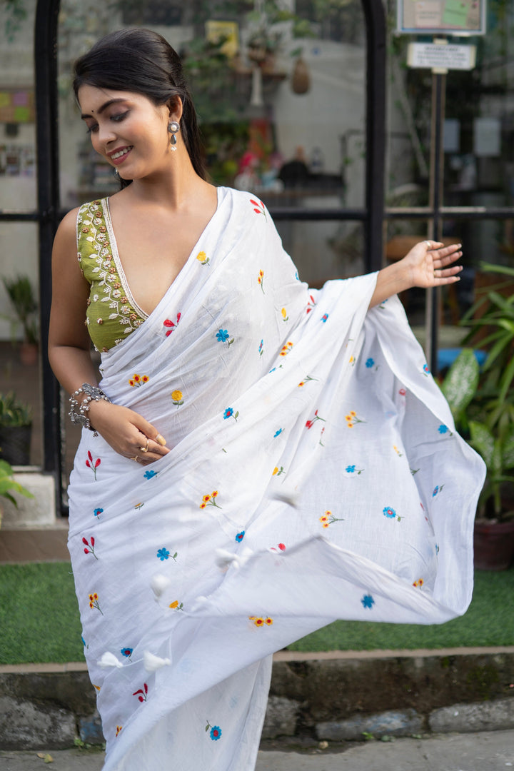 Pure White Mul Cotton Saree with Multicolour Floral Motifs & Tassel Pallu