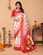 Off-White & Red Pure Tussar Silk Saree with Durga Crown Face Print, Traditional Motifs & Zari Border | Festive Tassels on Pallu