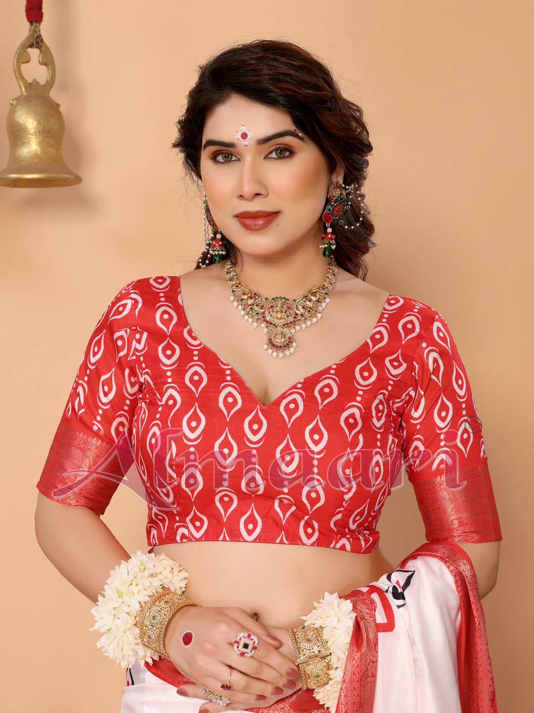 Off-White & Vermilion Red Pure Tussar Silk Saree with Durga Eyes & Devi Face Pallu | Zari Border & Festive Tassels