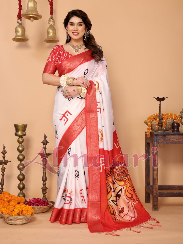 Off-White & Vermilion Red Pure Tussar Silk Saree with Durga Eyes & Devi Face Pallu | Zari Border & Festive Tassels