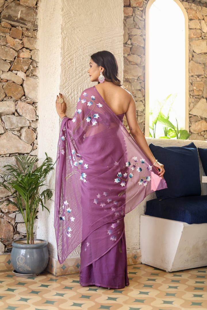 Wine Purple Chiffon Saree with Artistic Floral Print | Lightweight Designer Saree with Blouse Piece