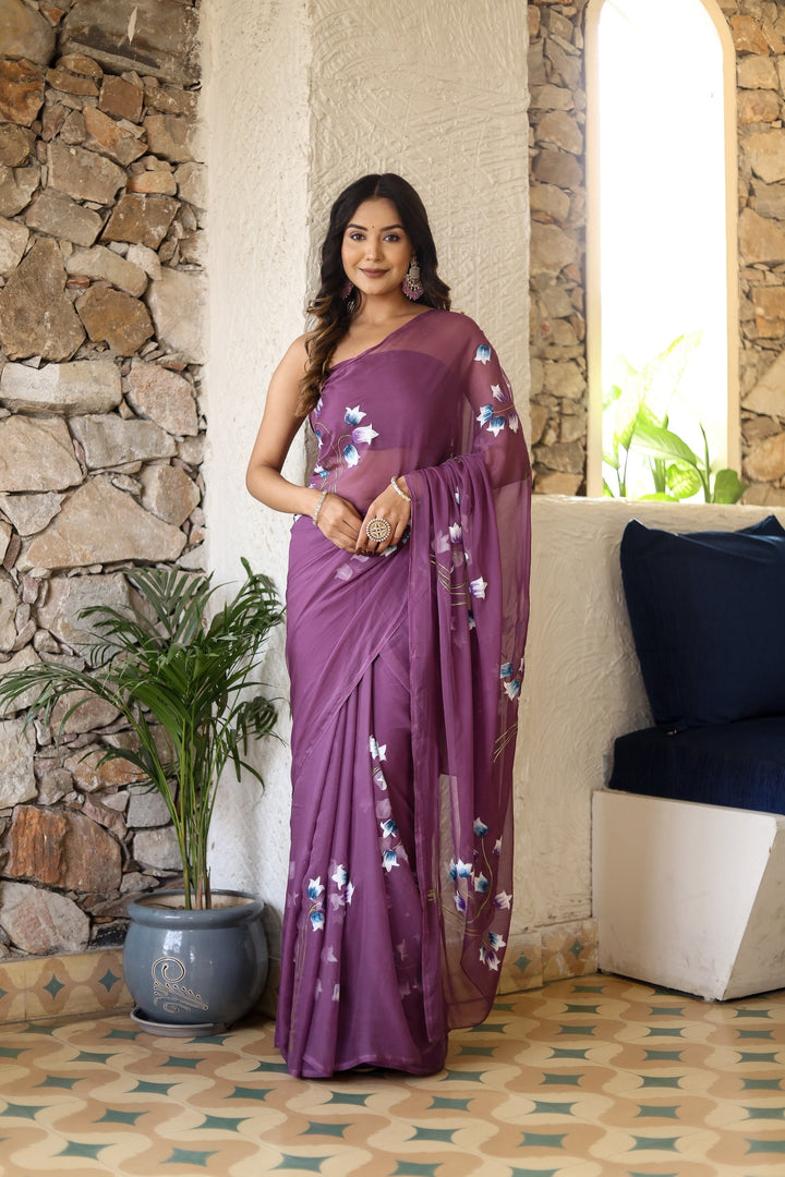 Wine Purple Chiffon Saree with Artistic Floral Print | Lightweight Designer Saree with Blouse Piece