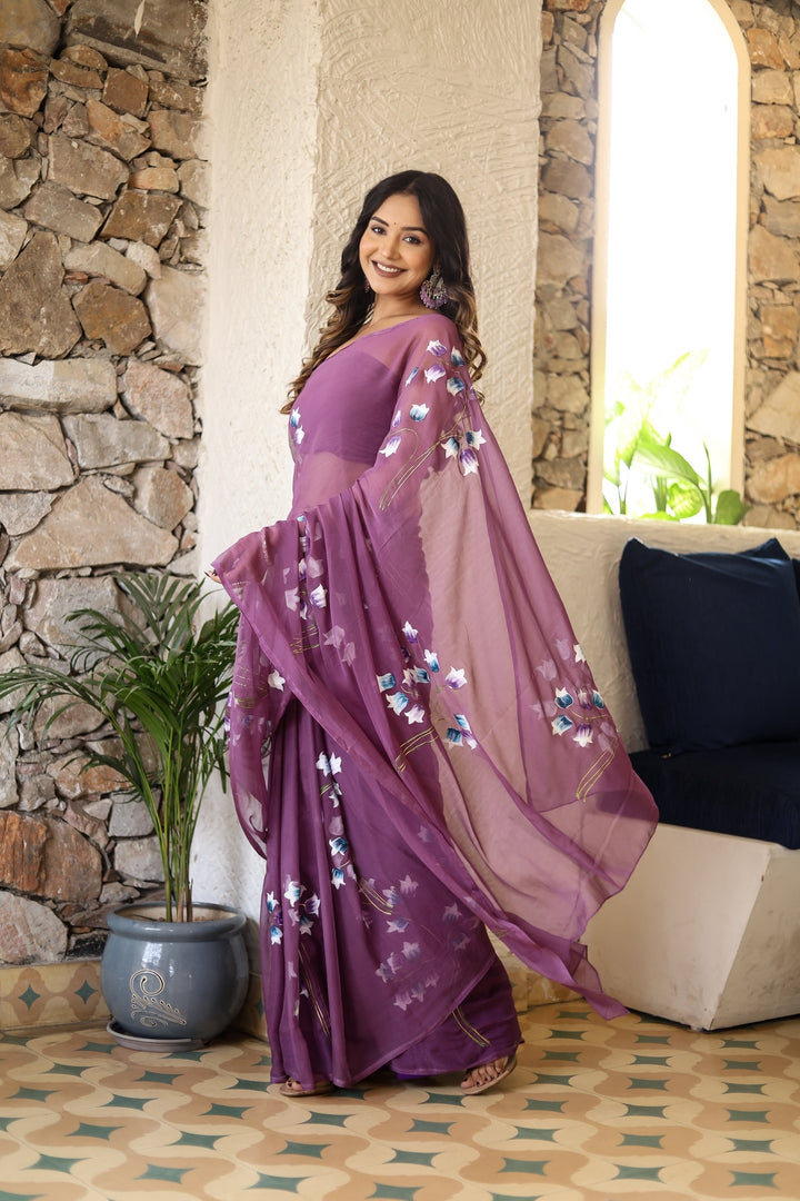 Wine Purple Chiffon Saree with Artistic Floral Print | Lightweight Designer Saree with Blouse Piece