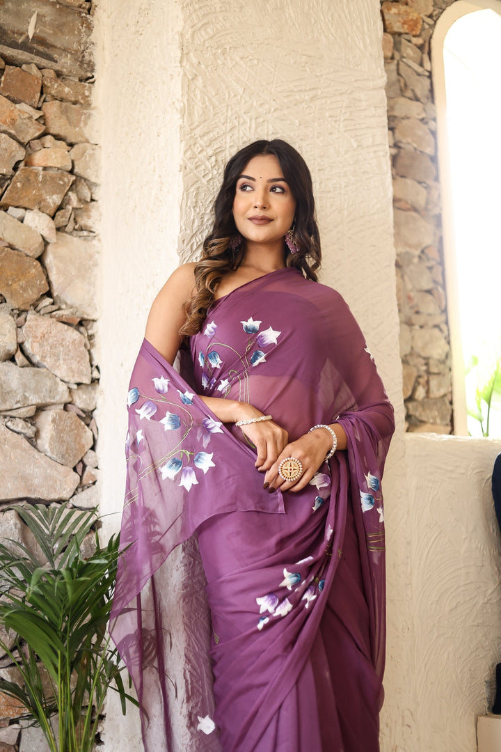 Wine Purple Chiffon Saree with Artistic Floral Print | Lightweight Designer Saree with Blouse Piece