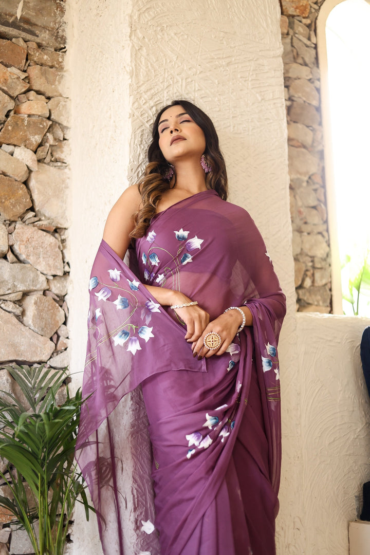 Wine Purple Chiffon Saree with Artistic Floral Print | Lightweight Designer Saree with Blouse Piece