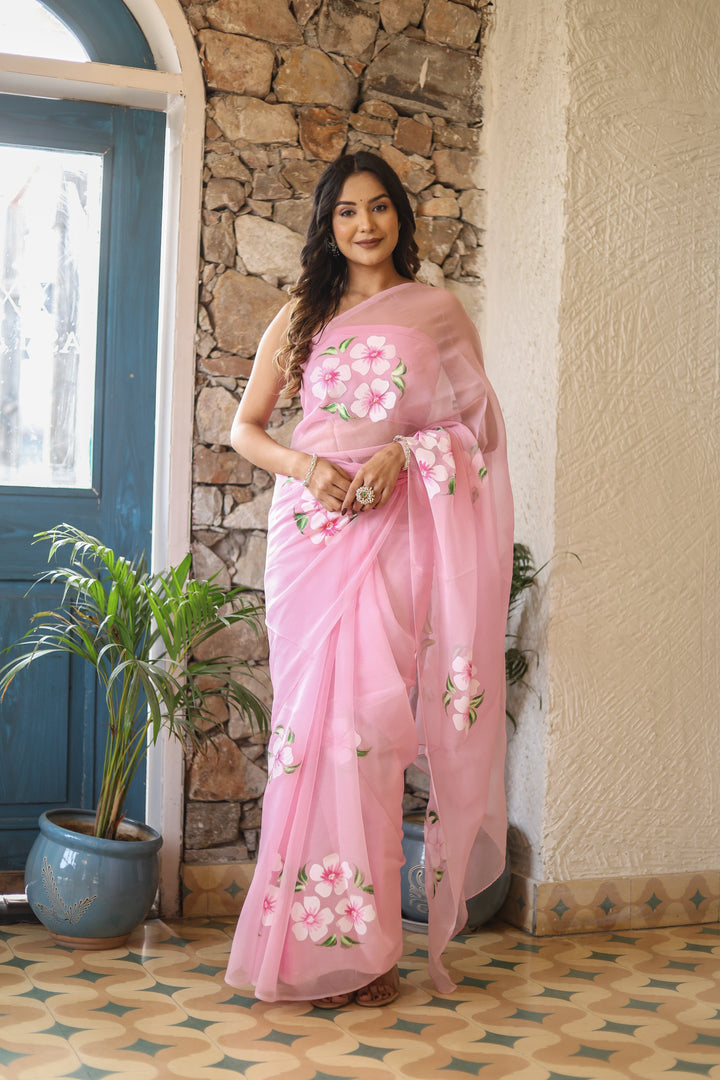 Blush Pink Chiffon Saree with White Floral Print | Lightweight Designer Saree with Blouse Piece