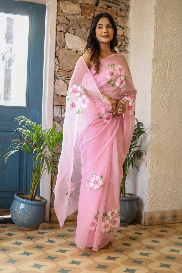 Blush Pink Chiffon Saree with White Floral Print | Lightweight Designer Saree with Blouse Piece