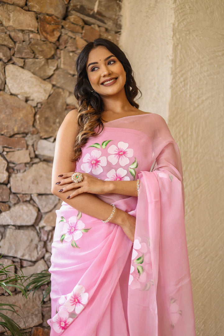 Blush Pink Chiffon Saree with White Floral Print | Lightweight Designer Saree with Blouse Piece
