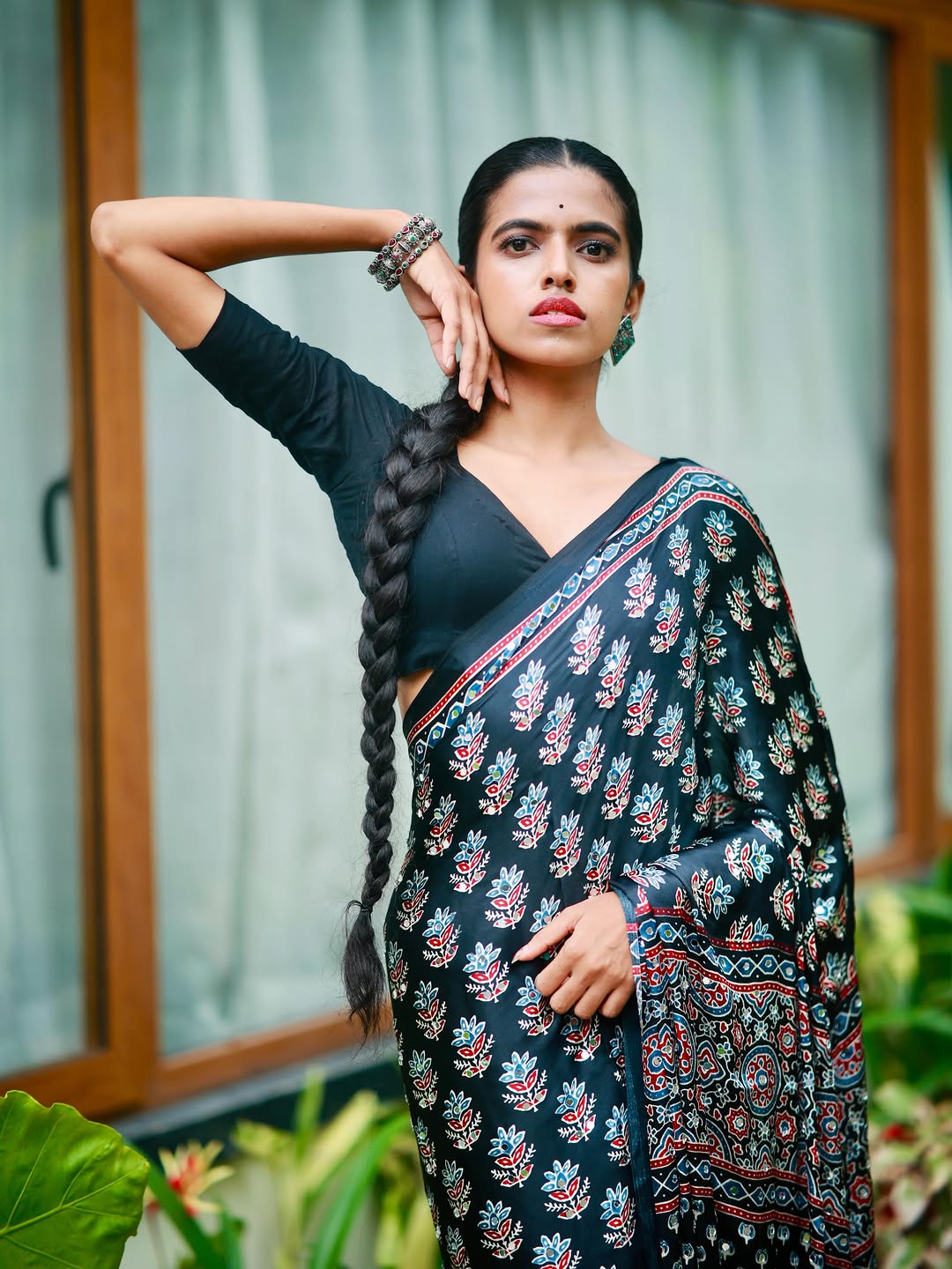 Ajrakh Chinnon Printed Saree with Tassel Detailing & Attached Blouse (No Mirror Work)