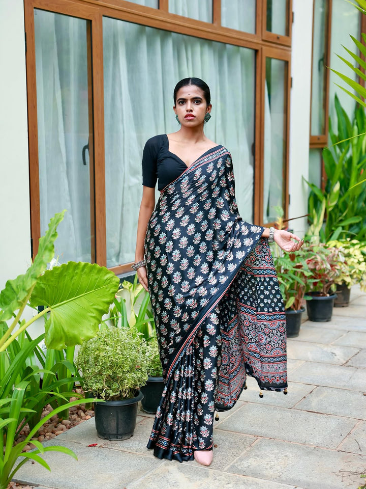 Ajrakh Chinnon Printed Saree with Tassel Detailing & Attached Blouse (No Mirror Work)