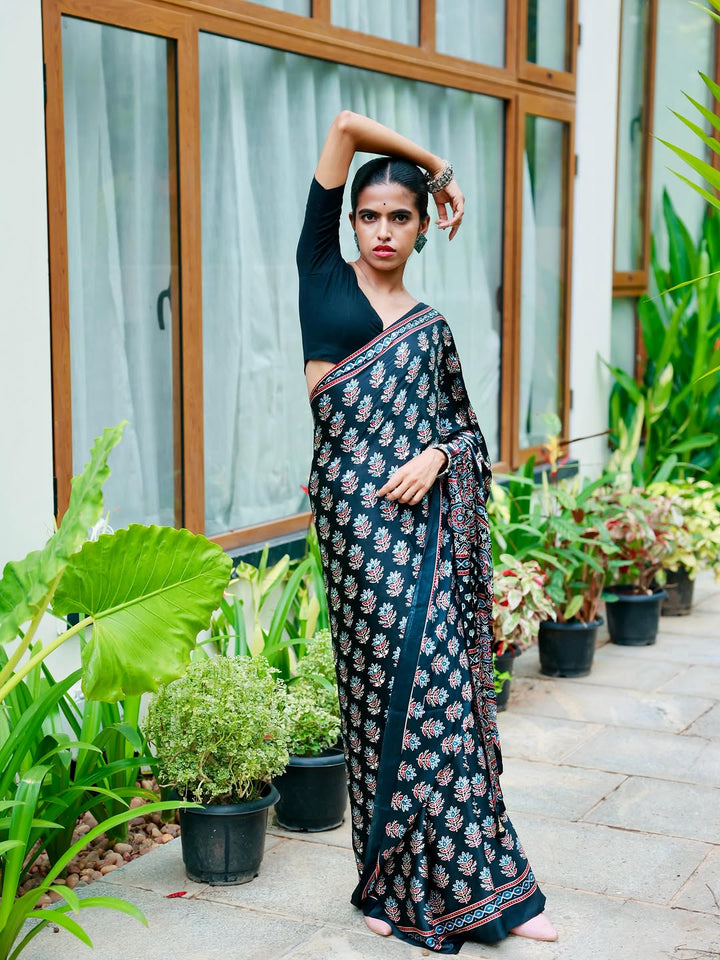 Ajrakh Chinnon Printed Saree with Tassel Detailing & Attached Blouse (No Mirror Work)