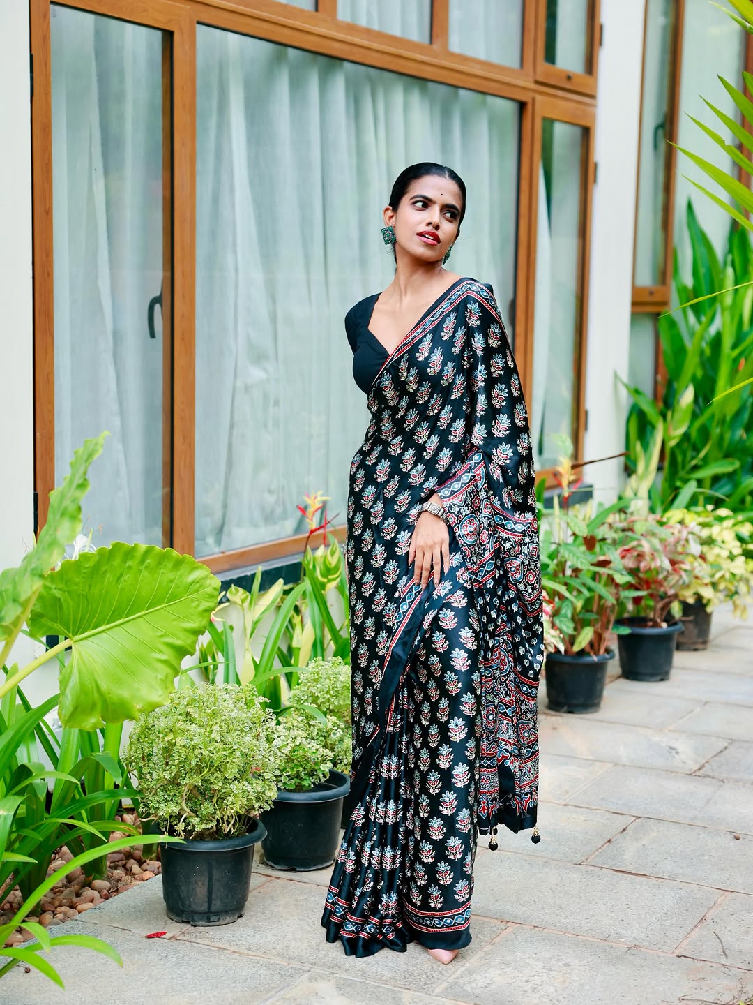 Ajrakh Chinnon Printed Saree with Tassel Detailing & Attached Blouse (No Mirror Work)