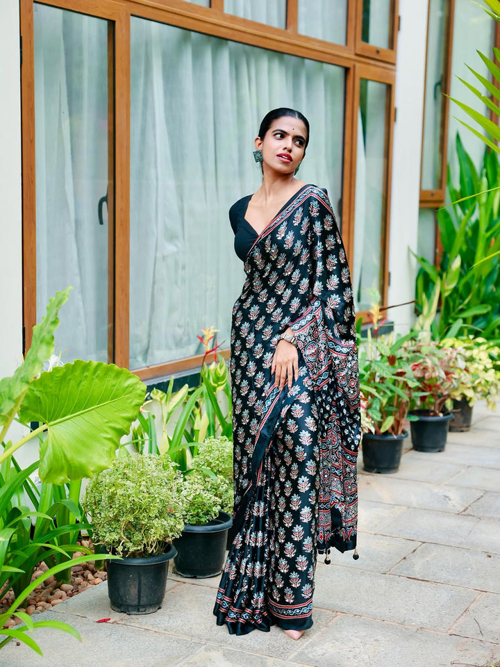 Ajrakh Chinnon Printed Saree with Tassel Detailing & Attached Blouse (No Mirror Work)