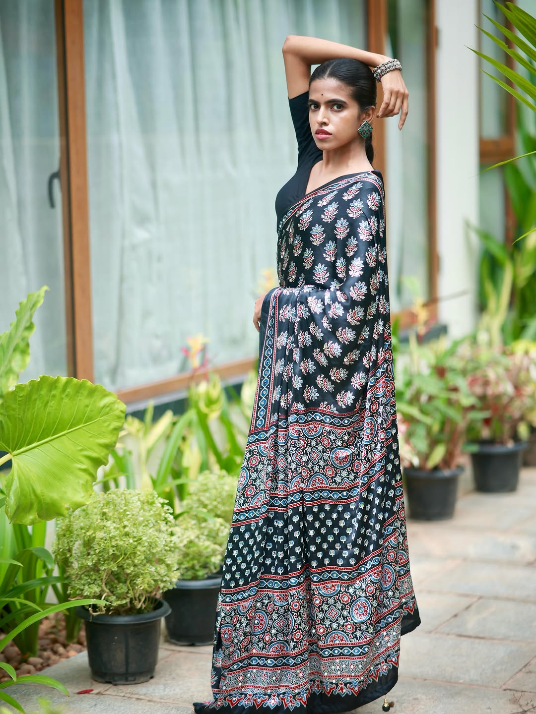 Ajrakh Chinnon Printed Saree with Tassel Detailing & Attached Blouse (No Mirror Work)