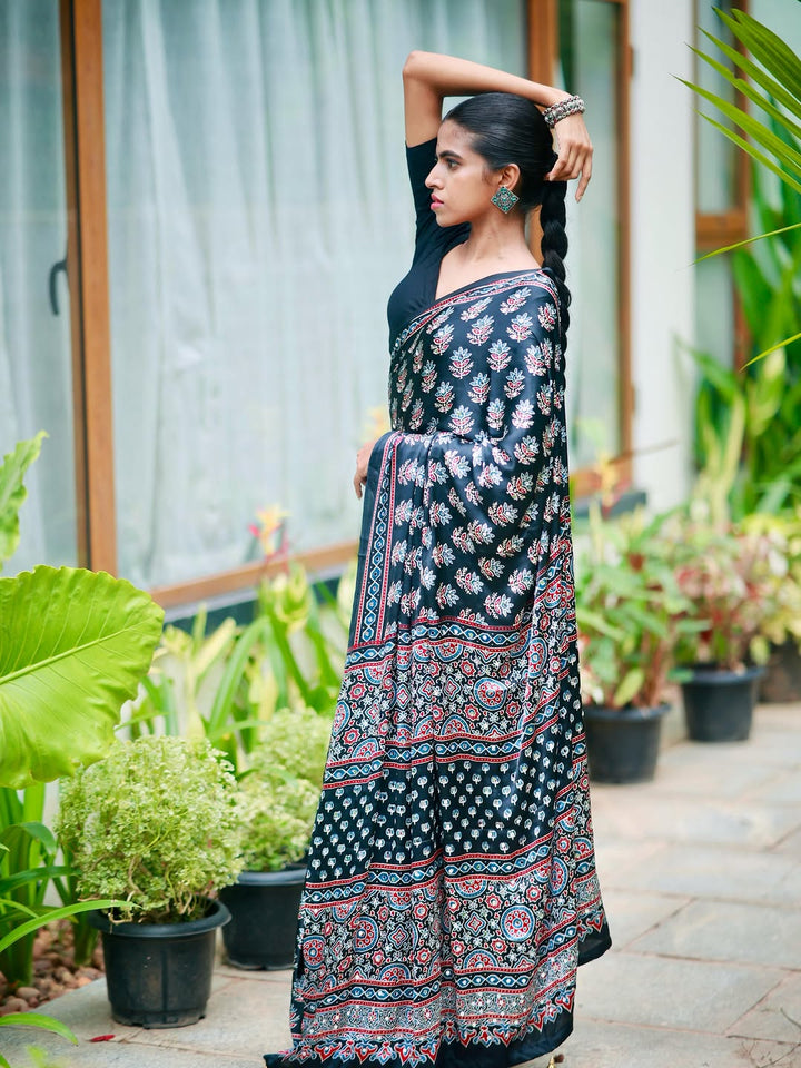 Ajrakh Chinnon Printed Saree with Tassel Detailing & Attached Blouse (No Mirror Work)