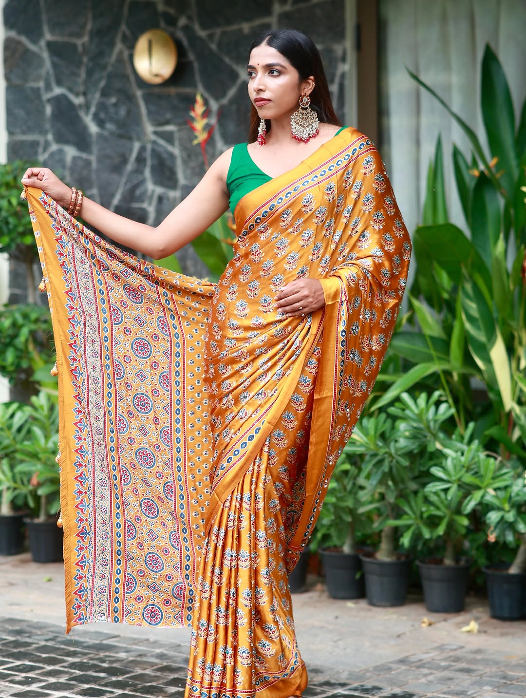 Ajrakh Chinnon Printed Saree with Tassel Detailing & Attached Blouse (No Mirror Work)