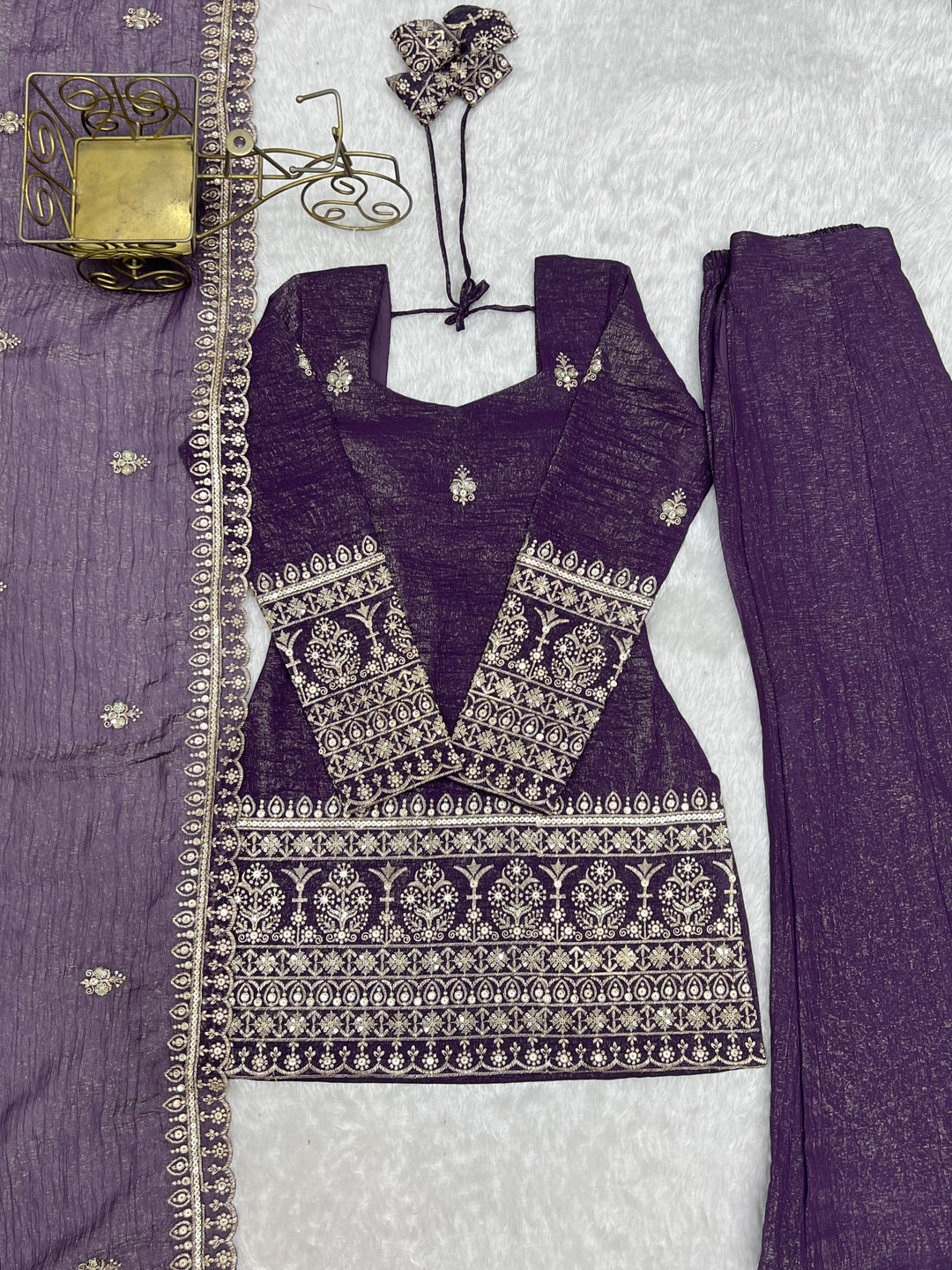 Royal Purple Crunchy Silk Embroidered Kurta Set with Bell Bottom Pants & Embellished Dupatta