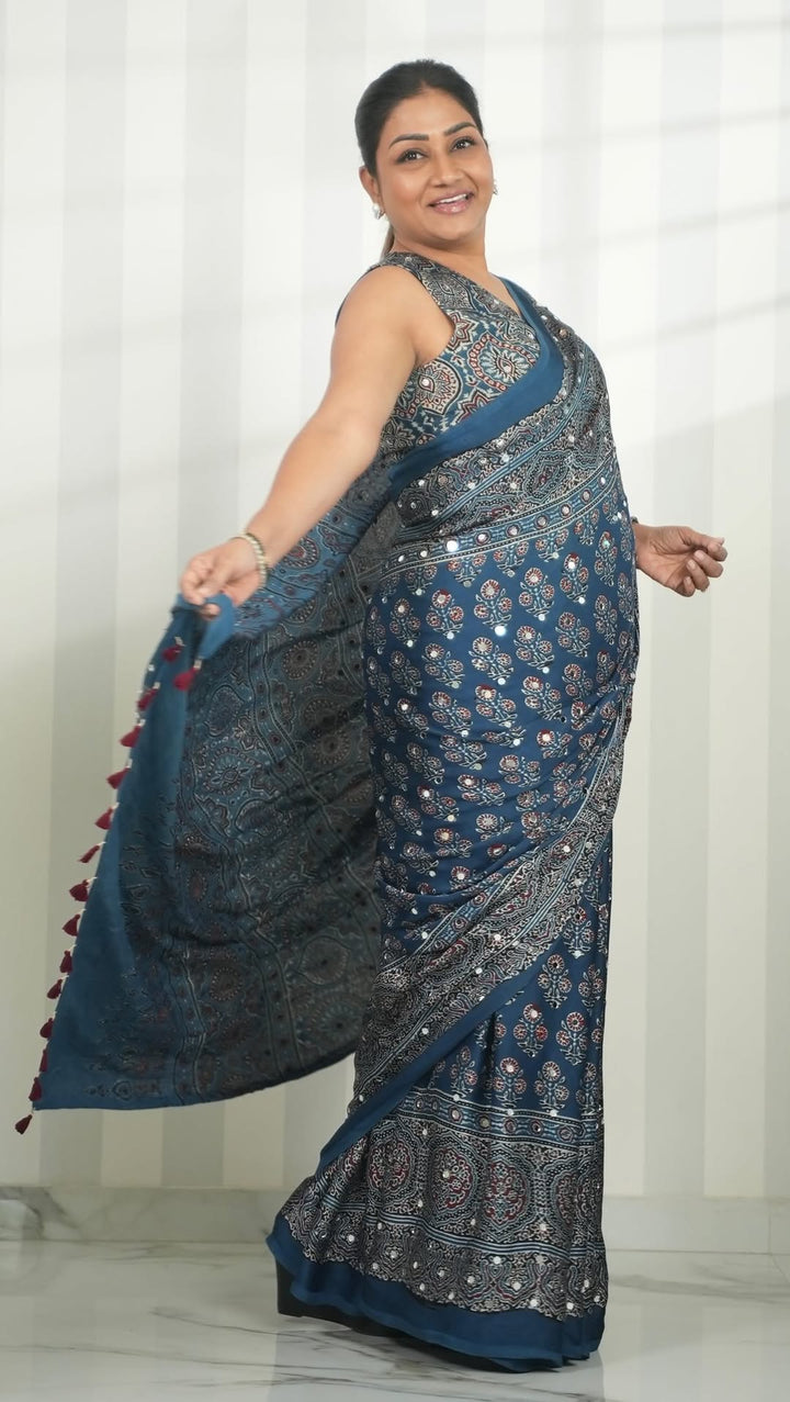 Ajrakh Chinnon Printed Saree with Tassel Detailing & Attached Blouse (No Mirror Work)