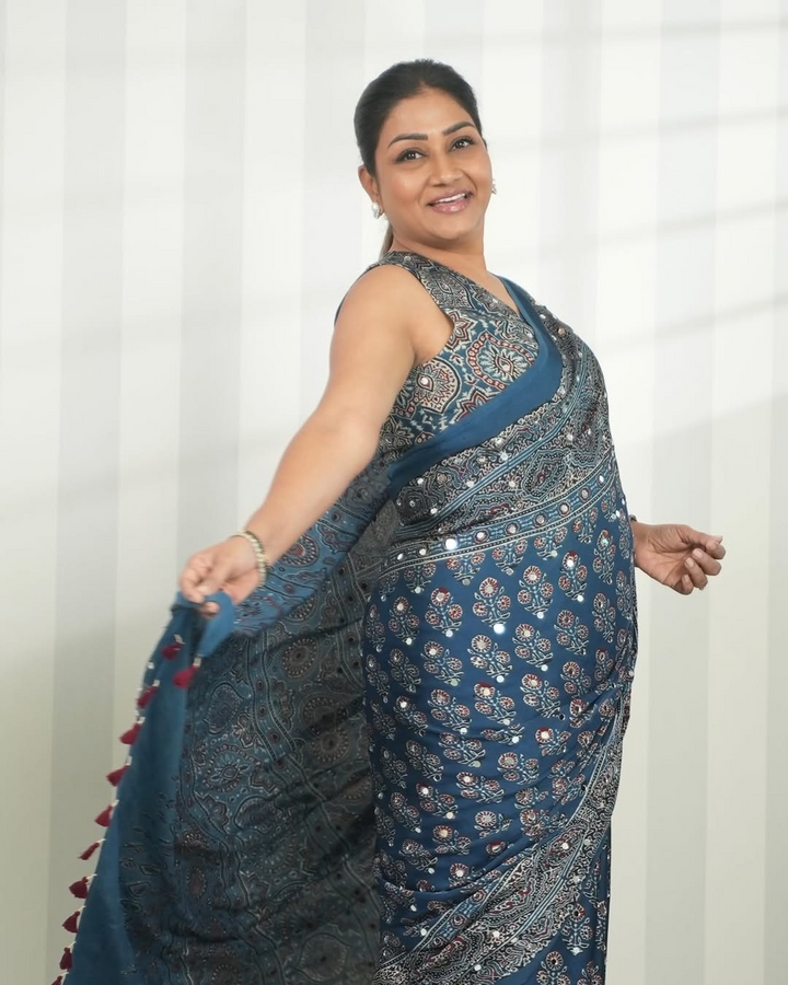 Ajrakh Chinnon Printed Saree with Tassel Detailing & Attached Blouse (No Mirror Work)