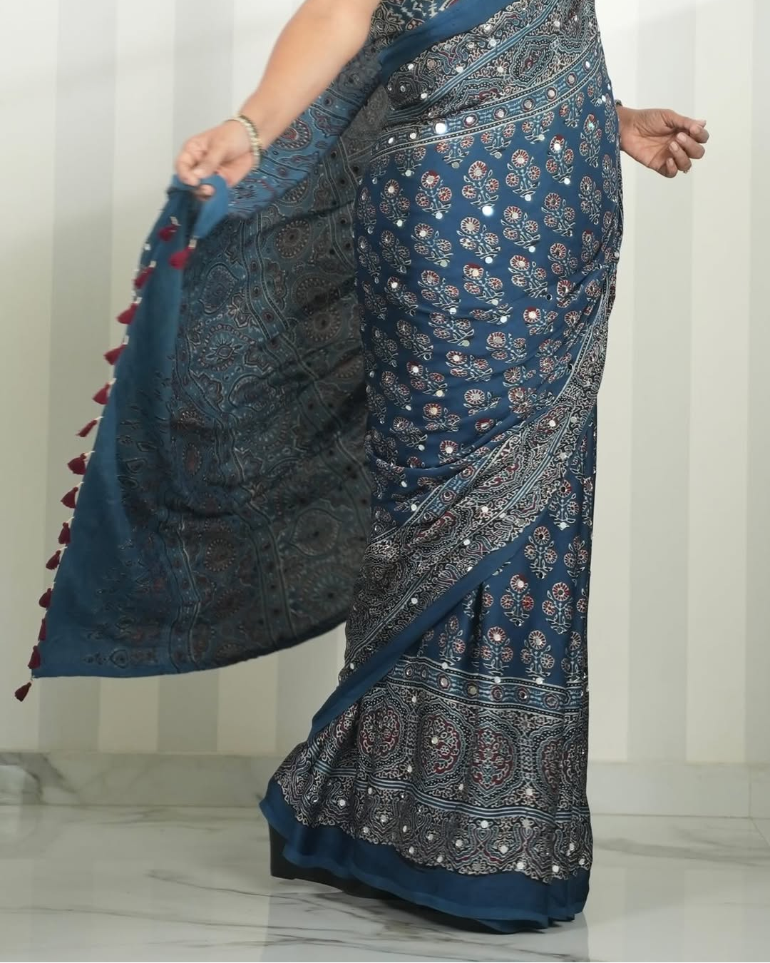 Ajrakh Chinnon Printed Saree with Tassel Detailing & Attached Blouse (No Mirror Work)