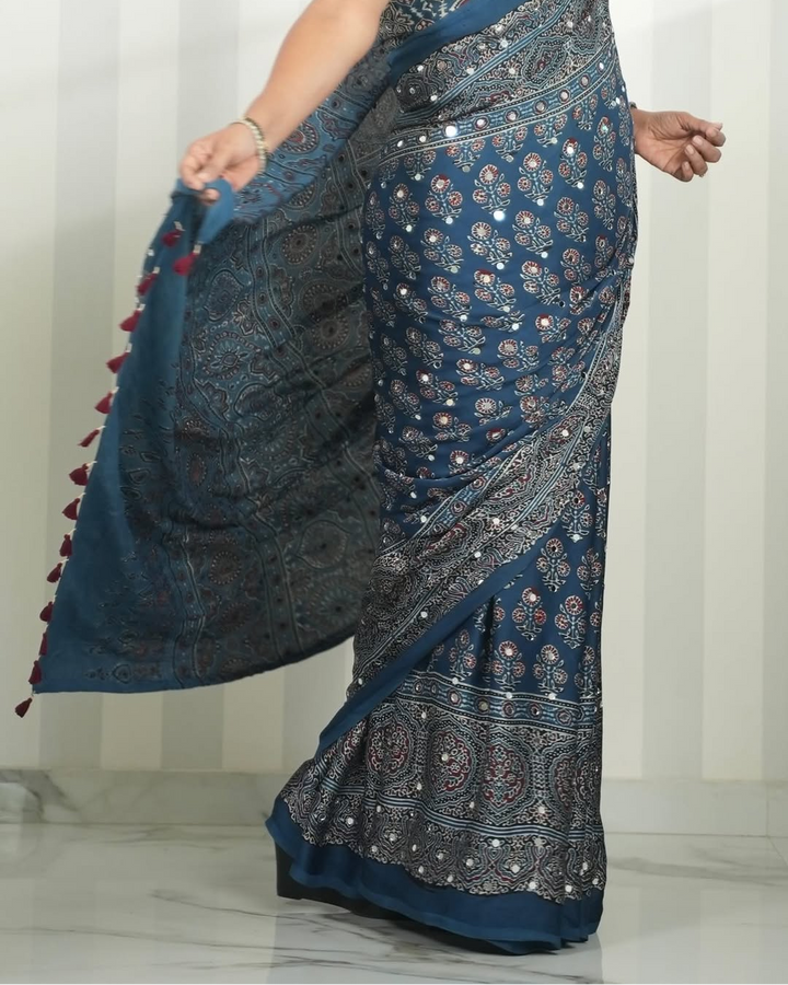 Ajrakh Chinnon Printed Saree with Tassel Detailing & Attached Blouse (No Mirror Work)