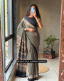 Black & Beige Modal Silk Ajrakh Printed Saree with Geometric Stripes, Heritage Pallu & Tassel Detailing