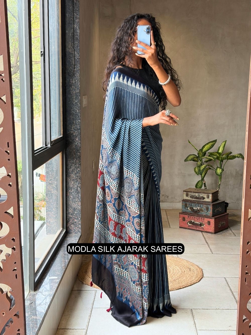 Ajrakh Chinnon Printed Saree with Tassel Detailing & Attached Blouse (No Mirror Work)