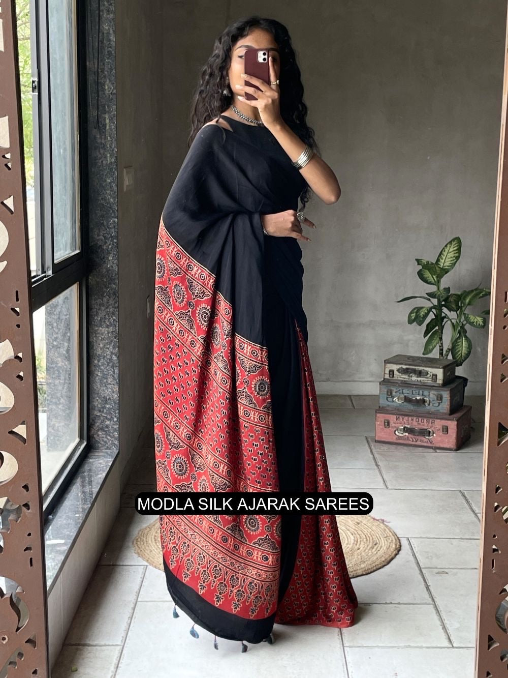 Ajrakh Chinnon Printed Saree with Tassel Detailing & Attached Blouse (No Mirror Work)