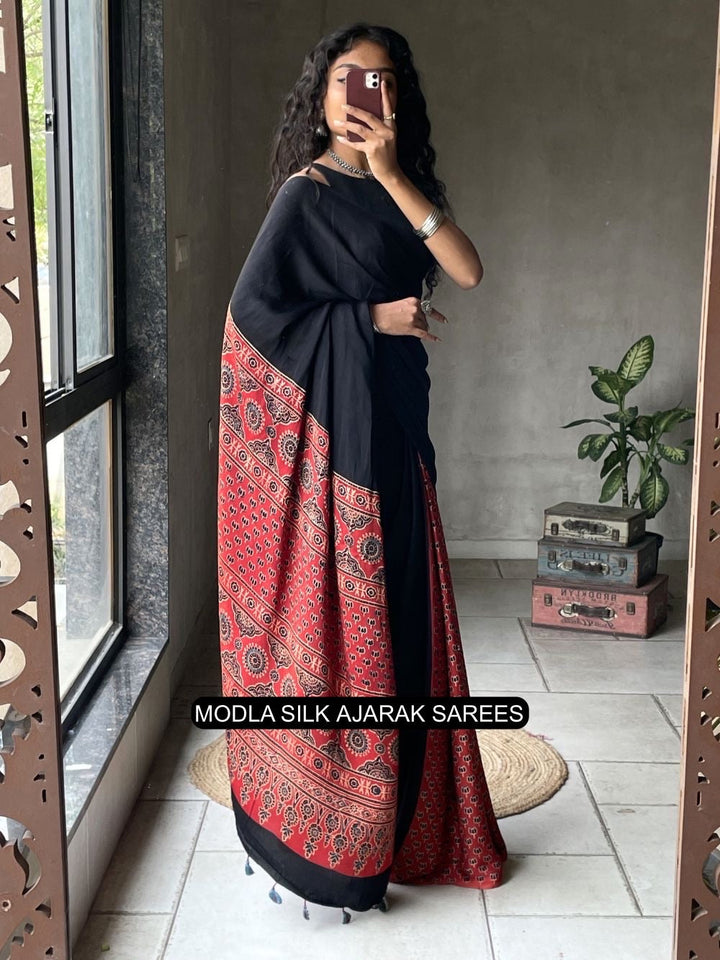Ajrakh Chinnon Printed Saree with Tassel Detailing & Attached Blouse (No Mirror Work)