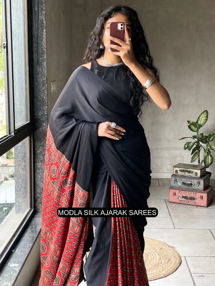 Ajrakh Chinnon Printed Saree with Tassel Detailing & Attached Blouse (No Mirror Work)
