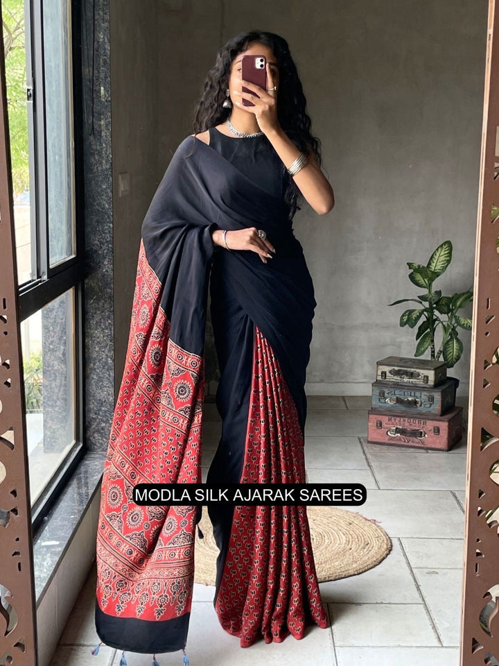 Ajrakh Chinnon Printed Saree with Tassel Detailing & Attached Blouse (No Mirror Work)