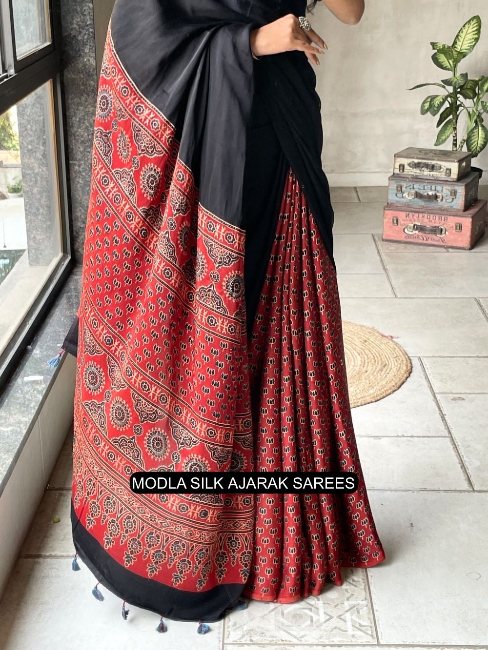 Ajrakh Chinnon Printed Saree with Tassel Detailing & Attached Blouse (No Mirror Work)