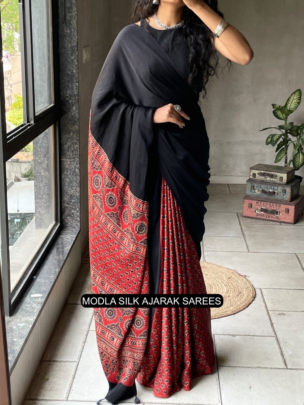 Ajrakh Chinnon Printed Saree with Tassel Detailing & Attached Blouse (No Mirror Work)