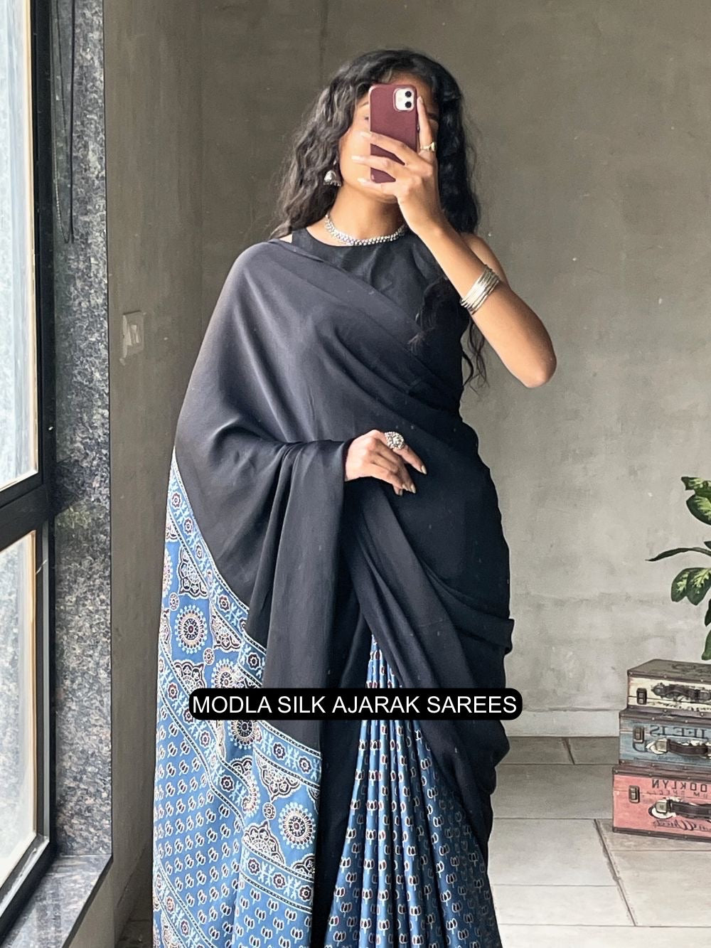 Ajrakh Chinnon Printed Saree with Tassel Detailing & Attached Blouse (No Mirror Work)