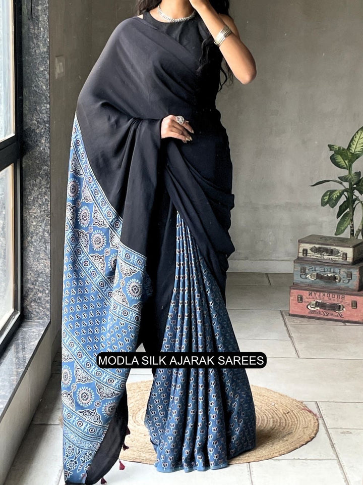 Black & Indigo Blue Modal Silk Ajrakh Saree with Heritage Printed Pallu, Traditional Motifs & Tassel Detailing