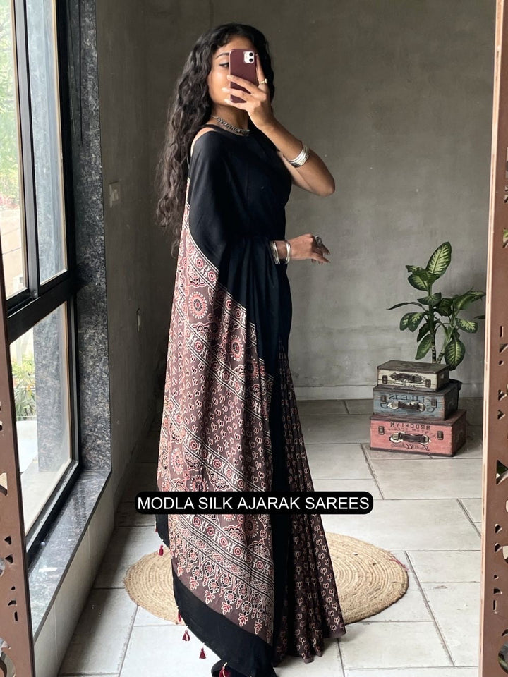 Black Modal Silk Ajrakh Printed Saree with Traditional Heritage Pallu, Intricate Ethnic Motifs & Tassel Detailing