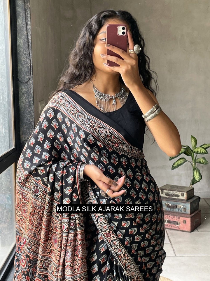 Ajrakh Chinnon Printed Saree with Tassel Detailing & Attached Blouse (No Mirror Work)