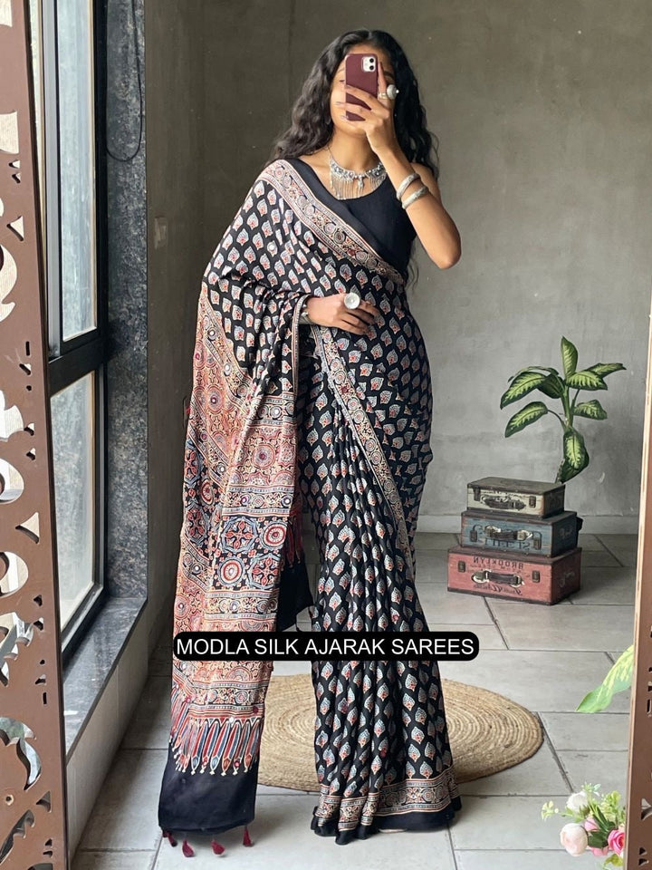 Ajrakh Chinnon Printed Saree with Tassel Detailing & Attached Blouse (No Mirror Work)