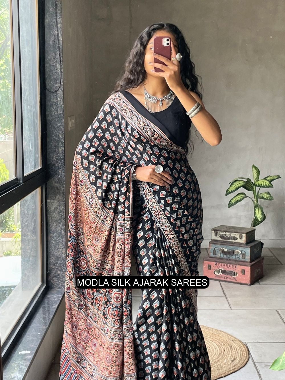 Ajrakh Chinnon Printed Saree with Tassel Detailing & Attached Blouse (No Mirror Work)