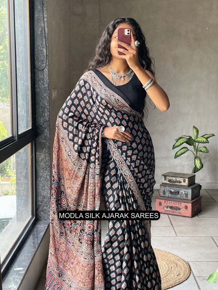 Ajrakh Chinnon Printed Saree with Tassel Detailing & Attached Blouse (No Mirror Work)