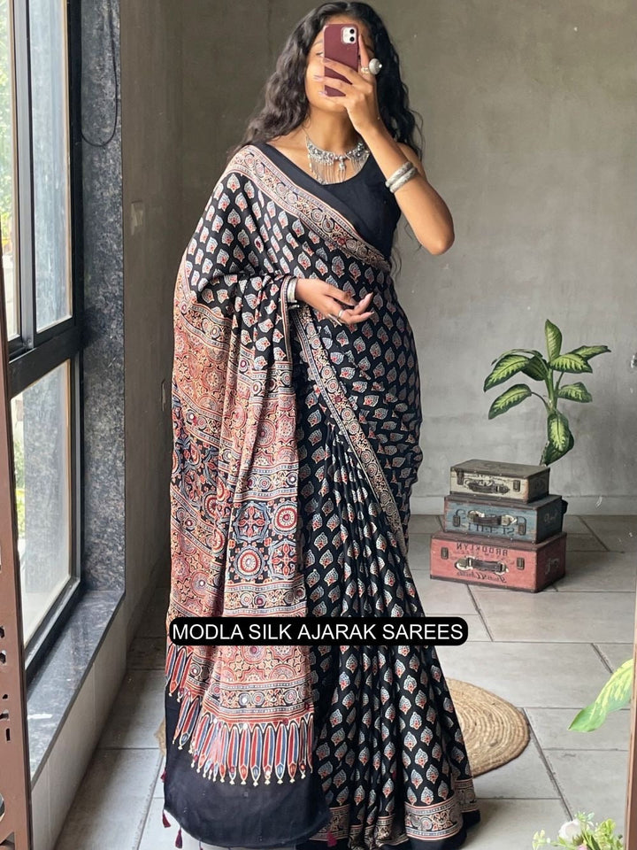 Ajrakh Chinnon Printed Saree with Tassel Detailing & Attached Blouse (No Mirror Work)