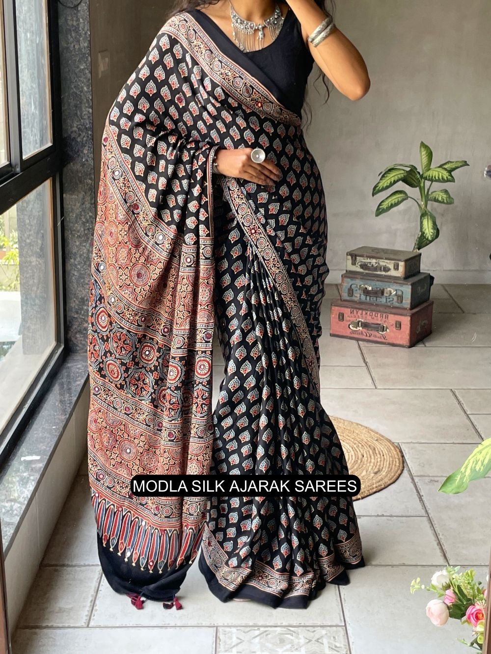 Ajrakh Chinnon Printed Saree with Tassel Detailing & Attached Blouse (No Mirror Work)